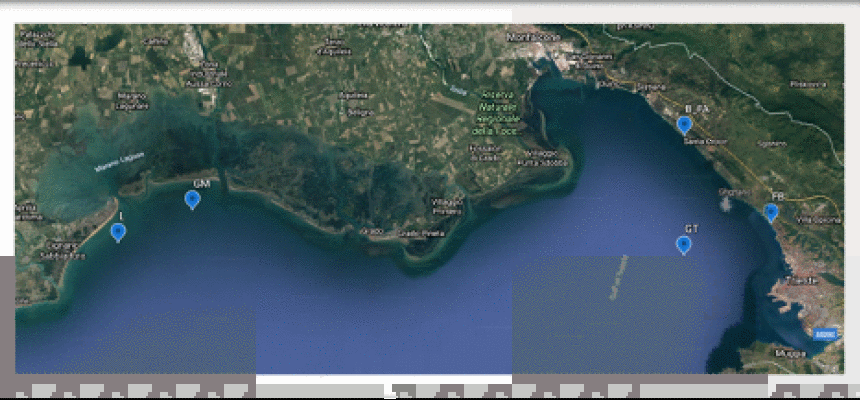 Covid nel mare del Friuli Venezia Giulia: studio UniTS - OGS-Stazioni di campionamento acque marine, tratto da Google Earth-Stazioni di campionamento acque marine, tratto da Google Earth